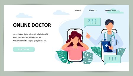 Tele medicine, online doctor and medical consultation concept. Doctor helps a patient on a mobile phone. Place for text. Flat cartoon style vector illustration.のイラスト素材
