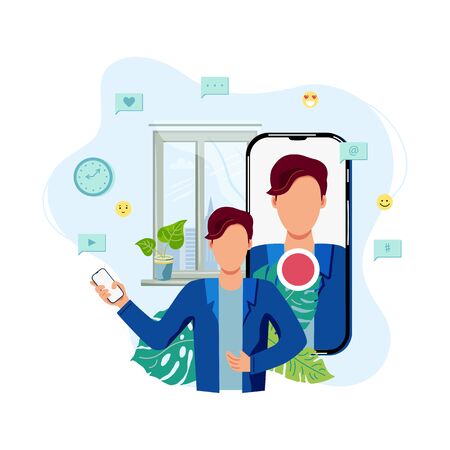 Person is recording video on smartphone at home. Vlog, blogging concept. Online channel. Live broadcast. Flat cartoon style vector illustration.のイラスト素材