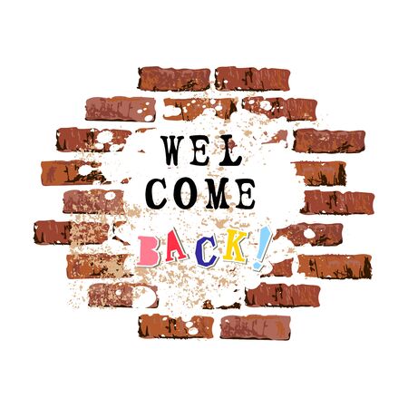 Welcome Back text as graffiti on brick wall background. Vector illustration for banner, web, flyer, school fair, sale, announcement.のイラスト素材