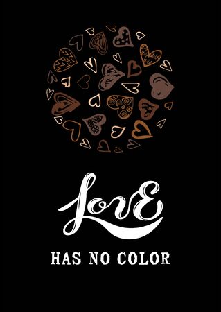 Love Has No Color lettering with hand drawn style hearts. Black lives matter. Stop racism concept. Vector illustration isolated on black background.のイラスト素材