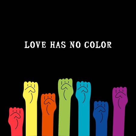 Love Has No Color text with rainbow colors human fists. Gay Pride. LGBTQ concept. Equality concept. Vector illustration.のイラスト素材