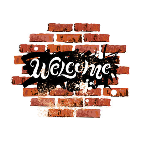 Handwriting lettering Welcome on brick wall background. Great for banner, web, flyer, school fair, sale, announcement, invitation, poster. Vector illustration isolated on white background.のイラスト素材