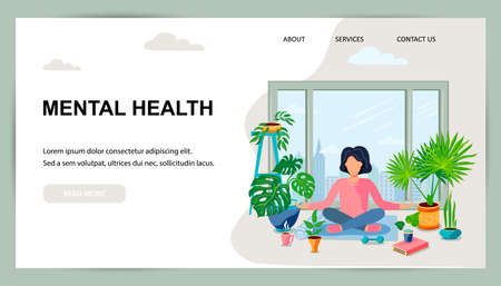 A woman is sitting in a meditative pose at green home near the window. Home gardening, urban jungle, house plant concept. Balanced and healthy lifestyle. Flat cartoon style design vector illustration.のイラスト素材