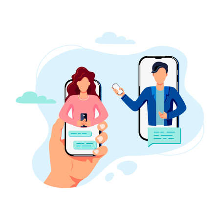 Female and male persons are chatting on smartphones. Online dating concept. Flat cartoon design vector illustration.のイラスト素材