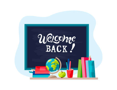 Welcome back with books, globe, apple. Welcome Back handwriting lettering. Place for text. Vector illustration.のイラスト素材