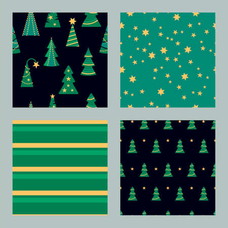 Seamlees patterns with christmas trees, stars and stripes for Merry Christmas and Happy New Year holidays. Vector illustration set.のイラスト素材