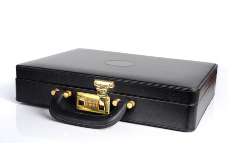 black leather Briefcase with combination lock on white backgroundの写真素材