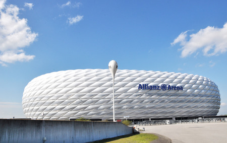 MUNICH, GERMANY - 12 APRIL 2016: Allianz Arena stadium in Munich, Germany. The Allianz Arena is home football stadium for FC Bayern Munich with a 69,901 seating capacity.のeditorial素材