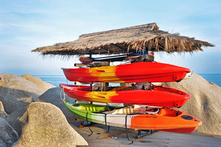 Colorful Kayaks and canoes in a Row stack with sea in the backgroundの写真素材