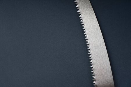Sharp saw teeth. Wood saw blade on a dark background. Copy space. の写真素材