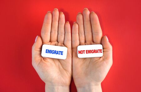 Expat idea. Emigrate or not. Concept with blocks and text in a hands.の写真素材