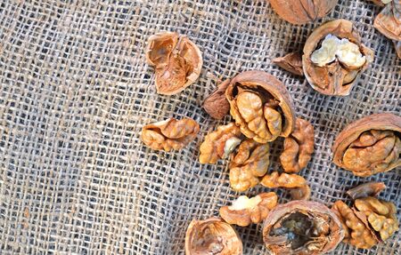 Walnuts on the sackcloth. Top view.の写真素材