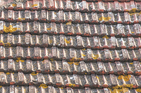 Weathered tiles of old house roof as background