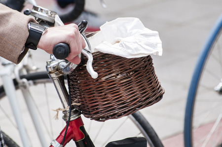 Pretty retro front wicker bicycle basket closeupの写真素材