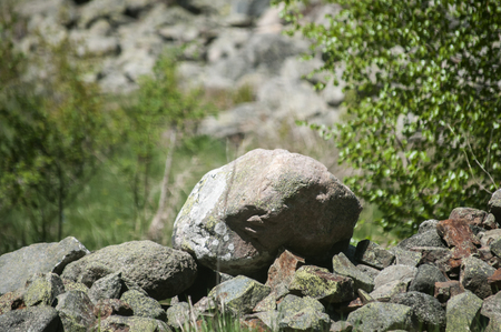 Different types of stones closeup piled on green grass background on sunny dayの写真素材