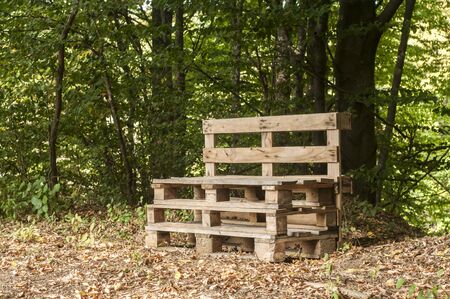 Wooden bench made of old used transport pallets closeup in forestの写真素材