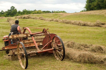Collecting hay by vintage machines on mountain meadow in summertime