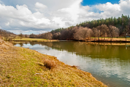 Small lake calm waters closeup in sunny dayの写真素材