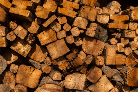 Stacked dry firewood closeup as wooden background