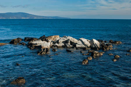 Rocks near the sea shore closeup in clear sunny dayの写真素材