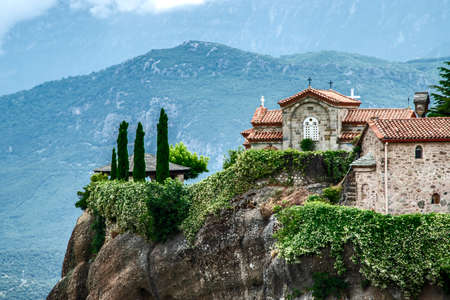 Landscape with monastery and giant steep rocks in the area of Meteora, Greeceの写真素材