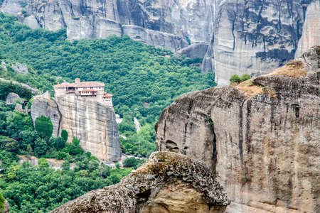 Landscape with monastery and giant steep rocks in the area of Meteora, Greeceの写真素材