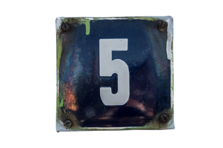 Weathered grunge square metal enameled plate of number of street address with number 5 isolated on...