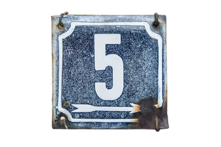 Weathered grunge square metal enameled plate of number of street address with number 5 isolated on white backgroundの写真素材