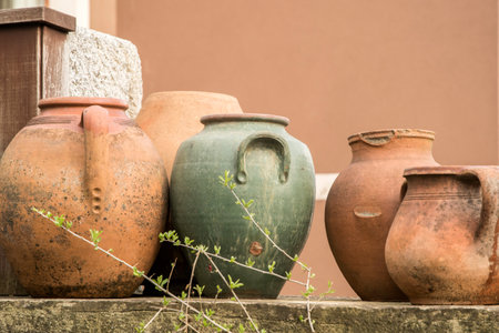 Old clay pots lined up next to each other