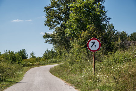 Landscape with road in the countryside with vehicle weight limit road sign