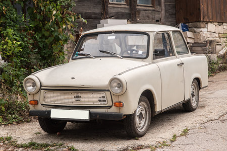 Vintage Trabant car in Eastern Europe village closeupの写真素材