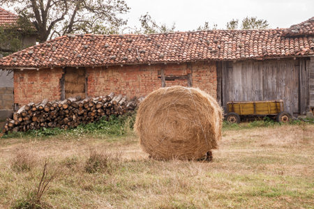 Old rural farmhouse with round hay bale in countryside in autumn timeの写真素材