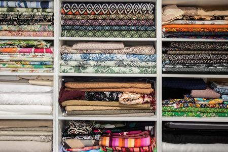 Shelves with different colorful fabrics in tailor's workshop