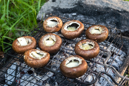 Agaricus bisporus mushrooms stuffed with butter on the grill. Picnic in nature.の写真素材