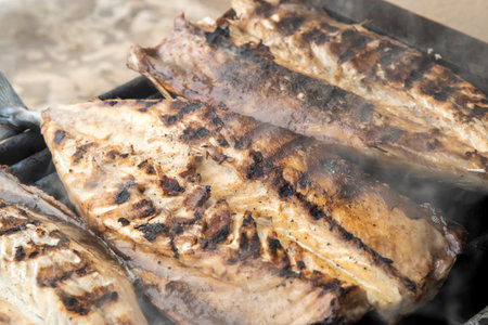 Grilled mackerel fish fillets on the grill. Close-up.の写真素材