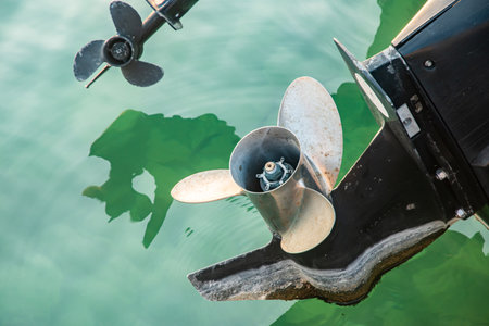 Closeup of the propeller of a boat on the water.