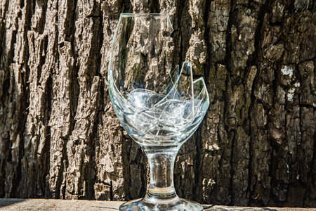 Broken glass on a wooden background. Broken glass on the old tree.の写真素材