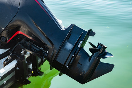 Close-up detail of outboard motor and propeller on docked marine boat, elevated above the waterの写真素材