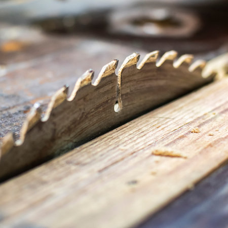 Circular saw blade on a wooden surface. Selective focus.