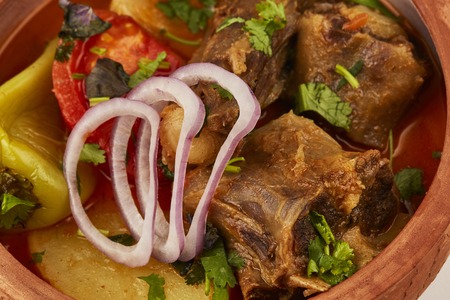 boiled meat with vegetables close-up macro photo