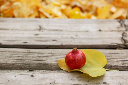 A tiny pomegranate rolling with fig leaf on wooden board