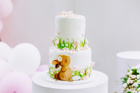 Tasty white birthday cake of a little girl in front of a pastel-colored background with balloons