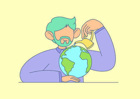 Illustration of a man with a beard who takes care of the planet, watering it. Ecology, care, protect nature, warmth.のイラスト素材