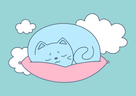 Vector illustration of a sleeping cat on a pillow in the clouds. Cartoon. Pastel shades.のイラスト素材