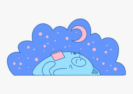 Vector illustration of a sleeping cat with a book under the moon. Cartoon. Pastel shades.のイラスト素材