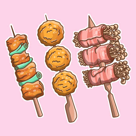 Colorful takeaway food sold on the street in different countries. Vector illustration, sticker.のイラスト素材