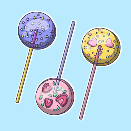 Colorful takeaway food sold on the street in different countries. Vector illustration, sticker.のイラスト素材