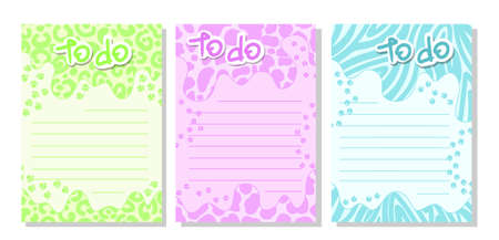 Set to do list with animal print. Zebra, leopard, cow. Note paper, stickers templates decorated by cute beauty cosmetic illustrations and trendy lettering. Flat doodle.のイラスト素材