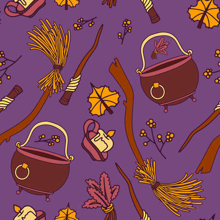 Colored seamless pattern of halloween witch items prints. Vector illustration, design, doodle. Festive.のイラスト素材
