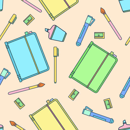 Colored seamless pattern of stationery for schoolchildren and students prints. Vector illustration, design.のイラスト素材